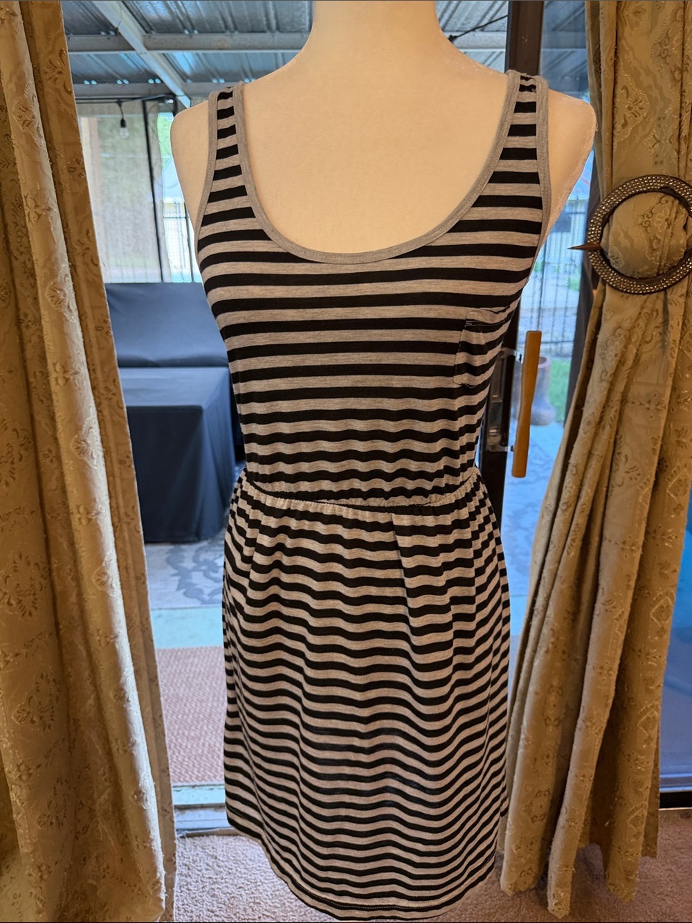 Just Love Black and Gray Striped Scoop Neck Mini Dress